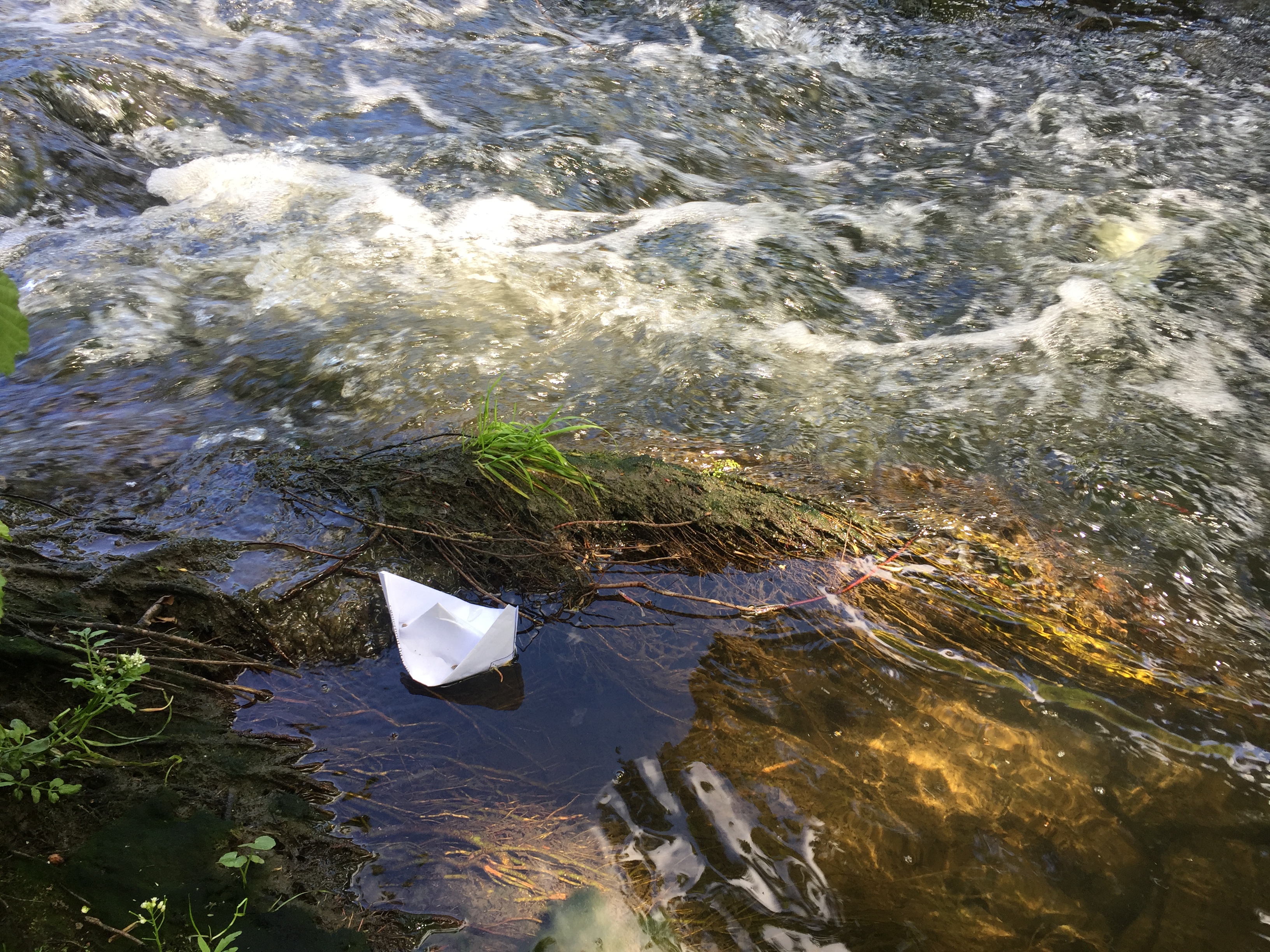 Papierboot treibt in einem Kehrwasser in einem strömenden Bach